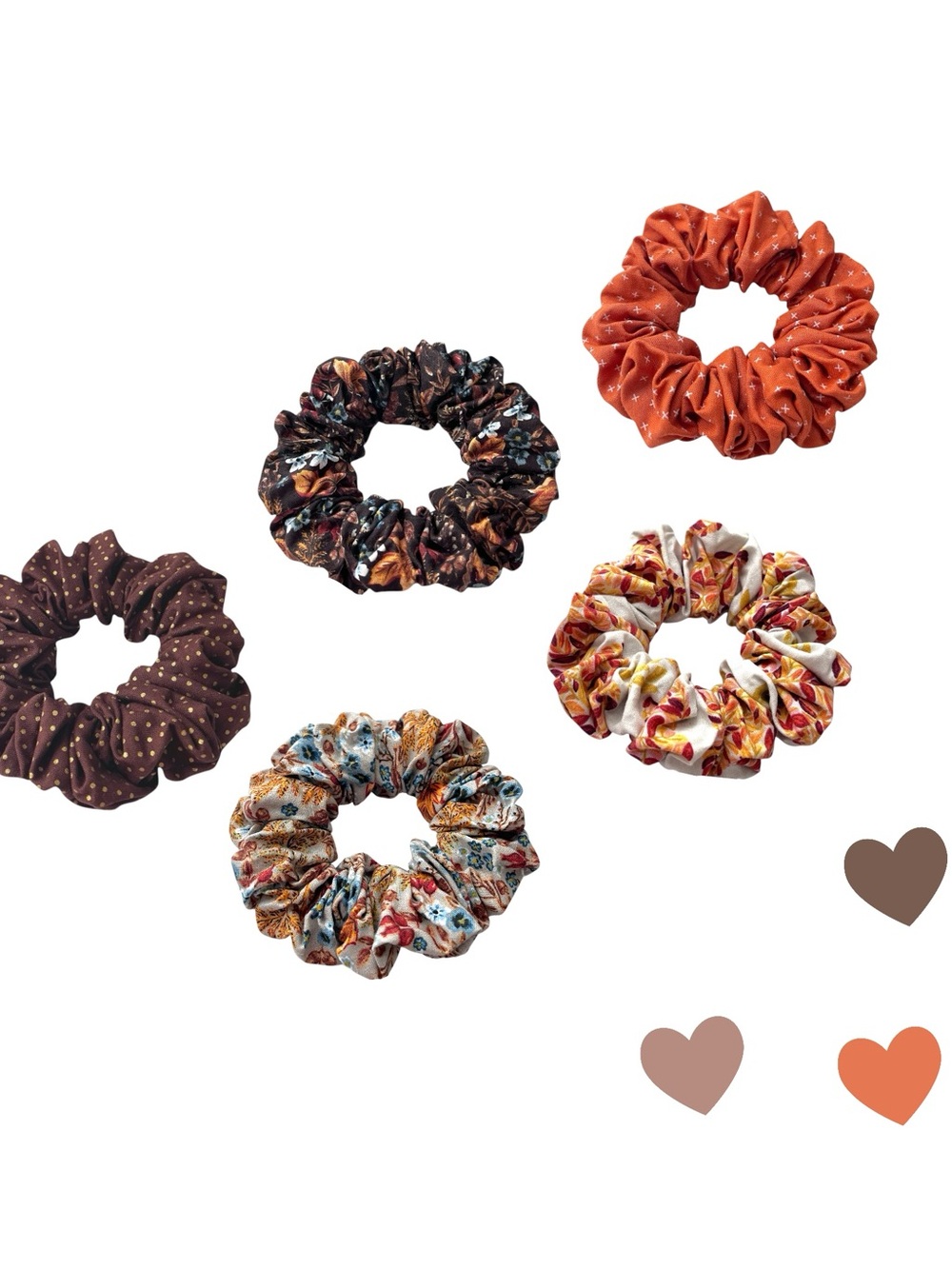 Floral and Polka Dot Scrunchie Set - Brown, Orange, Cream - Picture 2 of 8